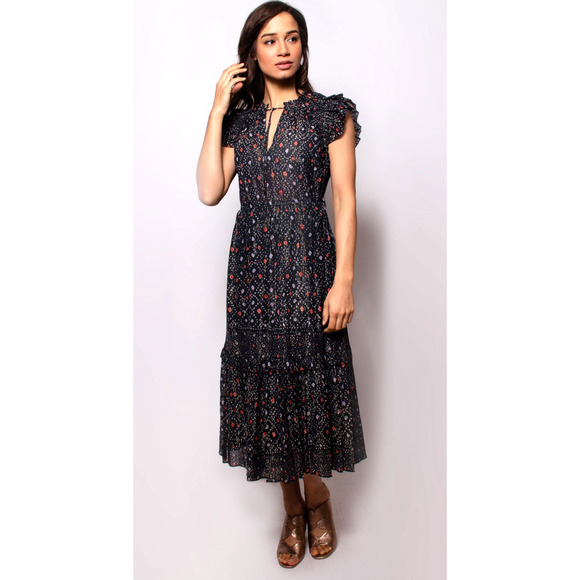 Ulla Johnson 2 Linea Cotton Ruffle Midi Dress Puff Shoulder Maxi Navy Blue EUC! - Picture 1 of 9